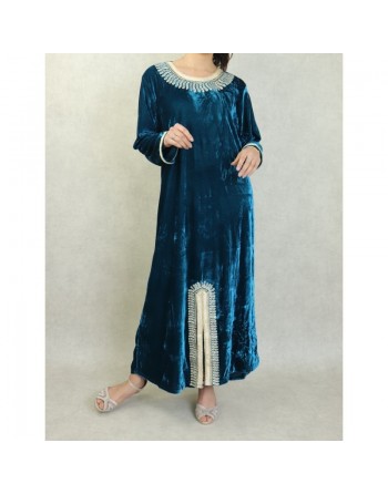 Robe arabe traditionnelle en velours brodée pour femme (Saison Automne-Hiver - Grande Taille disponible) - Couleur Bleu canard 