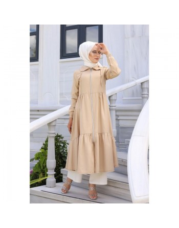 Veste zippée légère ample et évasée mi longue (Vetement mastour pour femme voilée) - Couleur beige 