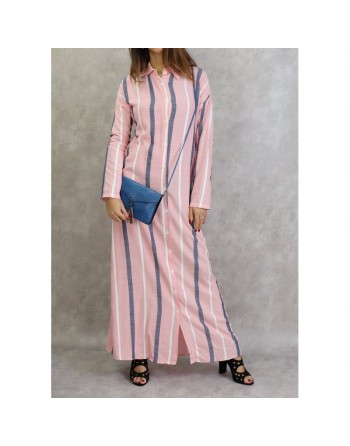 Robe-chemise longue boutonnée tissu en coton à rayures - Couleur rose 
