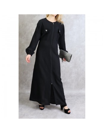 Robe noire maxi-longue à zip et bandes argentées - Robe moderne et casual pour femme 
