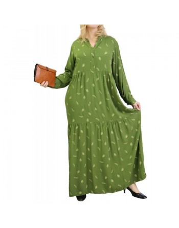 Robe longue ample à motifs plumes - Couleur verte 