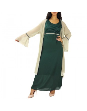 Robe longue (sans manches) à strass et dentelles - Couleur Vert émeraude 