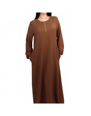 Robe longue simple manches longues avec ouverture zip pour femme - Couleur Marron 