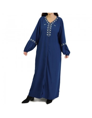 Robe (Abaya) manches longues avec motifs et fermeture devant - Couleur Noir 