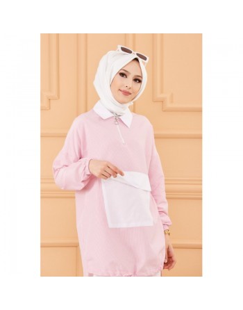 Tunique casual avec grande poche à l'avant (Vêtement islamique moderne) - Couleur des rayures : rose 