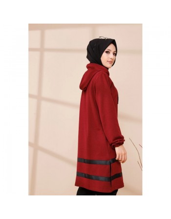 Tunique à capuche et bandes noires (Tenue moderne pour femme voilée) - Couleur bordeaux 