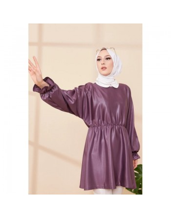 Tunique en skaï (simili cuir) pour femme (Vêtement chic pour hijab) - Couleur prune 