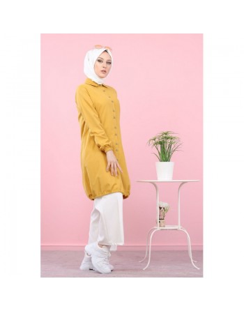 Tunique-Chemise ample boutonnée (Vetement décontracté femme voilée) - Couleur jaune moutarde 