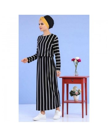 Robe noire à rayures blanches pour femme 