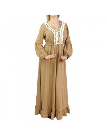 Robe brodée maxi-longue avec pompons et manche bouffantes (Plusieurs couleurs disponibles) 