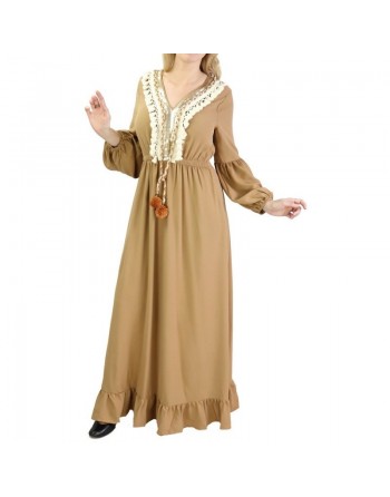 Robe brodée maxi-longue avec pompons et manche bouffantes (Plusieurs couleurs disponibles) 