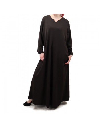 Robe simple évasée col V pour femme - Marque Amelis Paris - Couleur marron foncé 