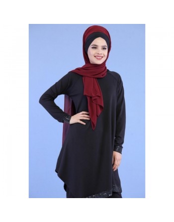 Ensemble Deux Pièces Tunique et Pantalon couleur Noir - Tenue de style élaguant pour femme voilée moderne 