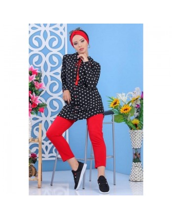 Tunique longue noire à pois blanc et boutons/cordon rouges pour femme 