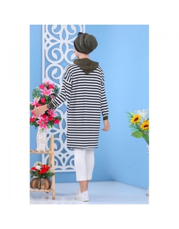 Tunique à rayures noires avec capuche pour femme - Couleur Kaki 