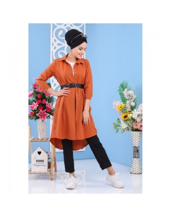 Tunique chemise longue décoration boutons pour femme - Couleur Rouille 