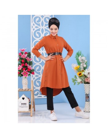 Tunique chemise longue décoration boutons pour femme - Couleur Rouille 