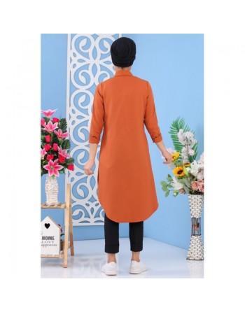 Tunique chemise longue décoration boutons pour femme - Couleur Rouille 