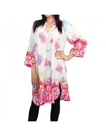 Tunique-Chemise ample blanche imprimée motifs fleurs fuchsia et bleu 