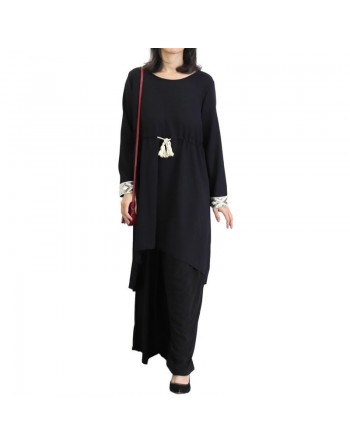 Tunique ample et originale pour femme avec cordon à pompons et strass sur les manches - Couleur Noir 
