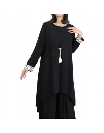 Tunique ample et originale pour femme avec cordon à pompons et strass sur les manches - Couleur Noir 