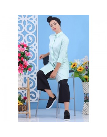 Chemise longue évasée couleur vert d'eau (100% coton) 