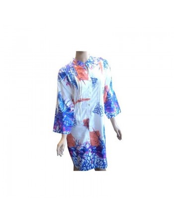 Chemise-tunique blanche à motifs bleus fuchias et corail 