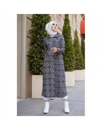 Robe-Veste longue à gros boutons - Couleur gris 
