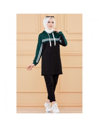 Survêtement femme (Vêtement Décontracté & Sport pour Hijab - Paris) - Couleur noir et vert émeraude 