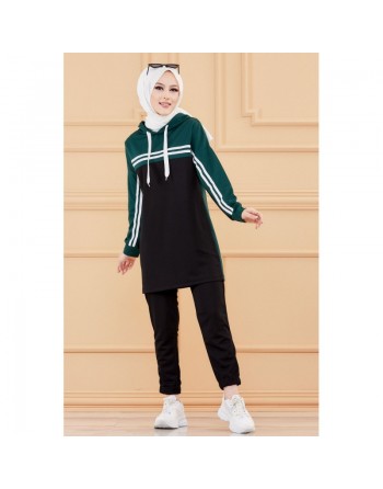 Survêtement femme (Vêtement Décontracté & Sport pour Hijab - Paris) - Couleur noir et vert émeraude 