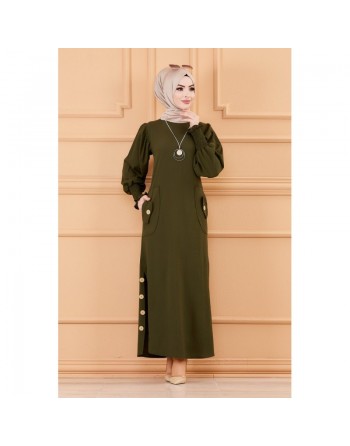Robe boutonnée chic pour femme (Vêtement style habillé pour hijab - Boutique musulmane) - Couleur kaki 