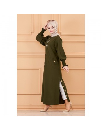 Robe boutonnée chic pour femme (Vêtement style habillé pour hijab - Boutique musulmane) - Couleur kaki 