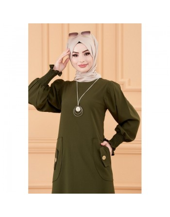 Robe boutonnée chic pour femme (Vêtement style habillé pour hijab - Boutique musulmane) - Couleur kaki 