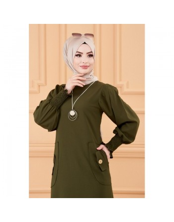 Robe boutonnée chic pour femme (Vêtement style habillé pour hijab - Boutique musulmane) - Couleur kaki 