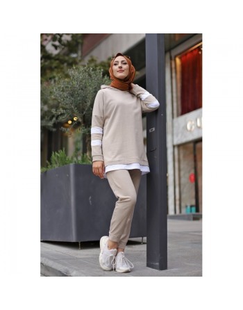 Survêtement femme à capuche bicolore (Ensemble sport pas cher pour moutahajiba) - Couleur beige avec bandes blanches 