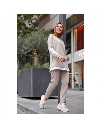 Survêtement femme à capuche bicolore (Ensemble sport pas cher pour moutahajiba) - Couleur beige avec bandes blanches 