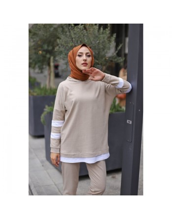 Survêtement femme à capuche bicolore (Ensemble sport pas cher pour moutahajiba) - Couleur beige avec bandes blanches 
