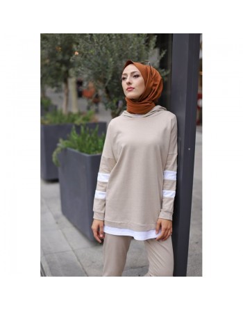 Survêtement femme à capuche bicolore (Ensemble sport pas cher pour moutahajiba) - Couleur beige avec bandes blanches 