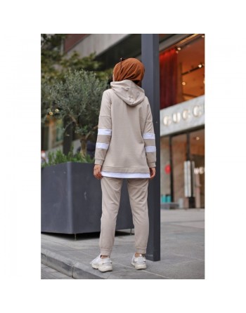 Survêtement femme à capuche bicolore (Ensemble sport pas cher pour moutahajiba) - Couleur beige avec bandes blanches 