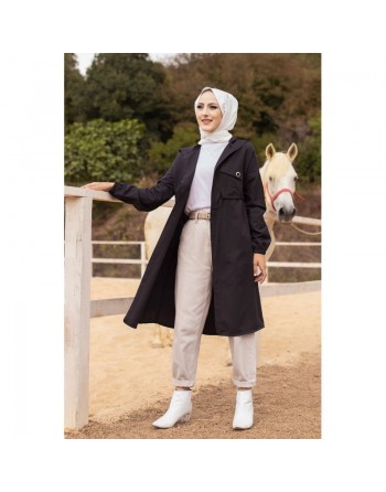 Veste-Trench à capuche pour femme (Mode musulmane) - Couleur noir 