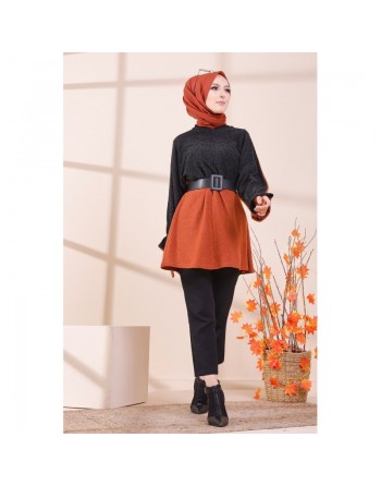 Tunique bicolore pour femme (Vêtement Hijab - Boutique en ligne Paris / France) - Couleur brique 