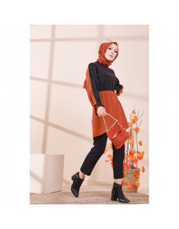 Tunique bicolore pour femme (Vêtement Hijab - Boutique en ligne Paris / France) - Couleur brique 