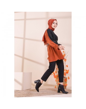 Tunique bicolore pour femme (Vêtement Hijab - Boutique en ligne Paris / France) - Couleur brique 