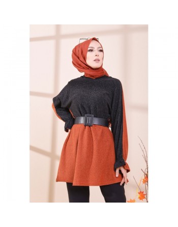 Tunique bicolore pour femme (Vêtement Hijab - Boutique en ligne Paris / France) - Couleur brique 