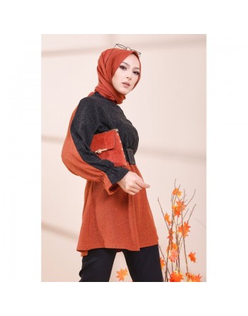Tunique bicolore pour femme (Vêtement Hijab - Boutique en ligne Paris / France) - Couleur brique 