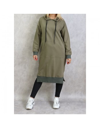 Sweat long à capuche - Sweats shirt femme en coton - Couleur kaki 