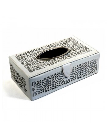 Boîte à mouchoirs décorative dessus cuire et argentée de fabrication artisanale marocaine de couleur blanc 