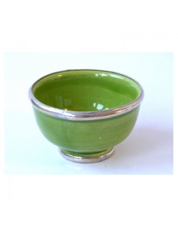 Petit bol en poterie marocain de couleur Vert émaillé et cerclé de métal argenté 