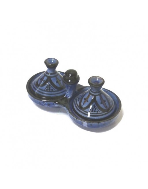 Tajine double décoratif marocain en poterie de couleur bleue émaillé décoré de motifs noirs peints Tajine double décoratif marocain en poterie de couleur bleue émaillé décoré de motifs noirs peints