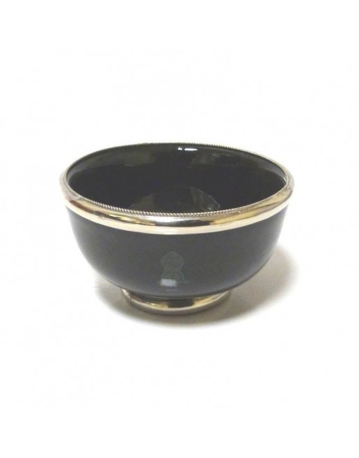 Petit bol en poterie marocain de couleur noire émaillé et cerclé de métal argenté 